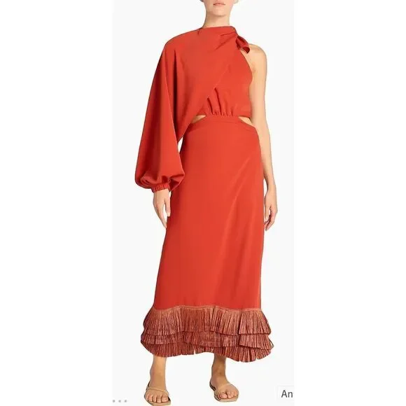 Johanna Ortiz Cut Out & Fringe-Hem Midi-Dress in Ankara Red NWT Size 4 - Picture 2 of 15